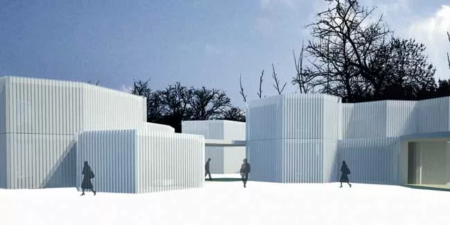 With this hotel in the middle of a wetland park, Atelier Deshaus wanted to minimize the project's impact on the site. So the firm developed a plan that evokes a cluster of cells or a group of bubbles.