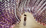 Made of roughly 1,800 interlocking polycarbonate, CNC-cut pieces, <em>Changing Room</em> was designed for Extension Gallery for Architecture in Chicago. A herringbone-patterned curtain hung from the g