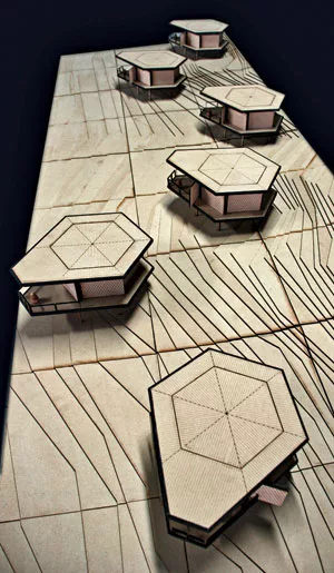 For a hotel project in Oaxaca, south of Mexico City, Gracia designed six hexagonal cabins on a farm that grows agave. Local people would make clay brick for the prefab-steel structures, each 870 squar