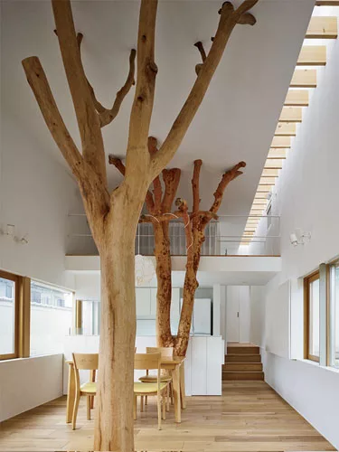 When the client for this project in Kagawa prefecture decided to build a home of her own adjacent to her parents, she knew that the trees she grew up with would have to go. But by integrating them int