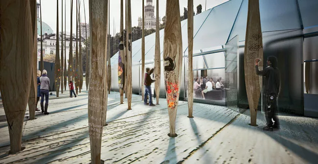 Warsaw's modern-art museum organized an invited competition for a pavilion promoting its upcoming new building. FRPO proposed a transparent 'art box' set in an 'info forest' of flat wood masts, inviti
