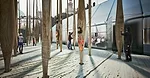 Warsaw's modern-art museum organized an invited competition for a pavilion promoting its upcoming new building. FRPO proposed a transparent 'art box' set in an 'info forest' of flat wood masts, inviti
