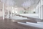 A view inside the White Block Gallery. LED-lit plexi-rods, in the style of SsD's 'Cloud' installation, hang from the ceiling in this entrance hall.