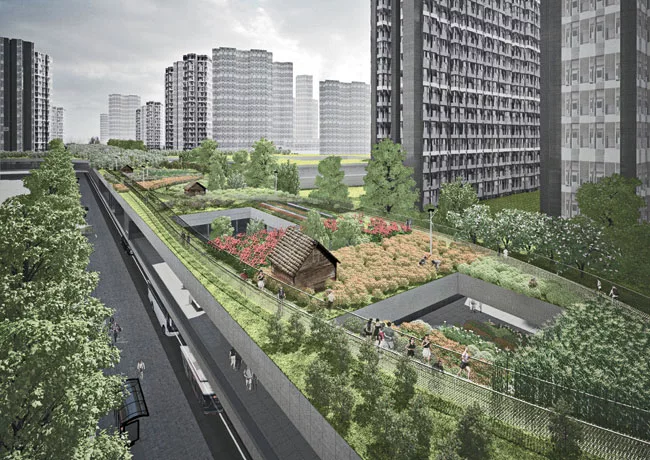 Created for the 2011 Chengdu Biennale, this project finds room for the public amenities missing in many Chinese cities. 'Currently in China, land is sold to profit-driven developers, and they always b