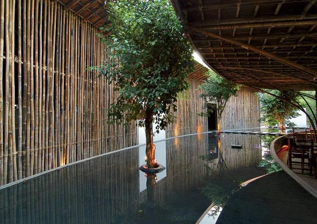 A pair of concentric crescents surrounded by a reflecting pool and nestled one within the other, this caf' in Binh Duong province places customers in a man-made landscape that helps connect interior a