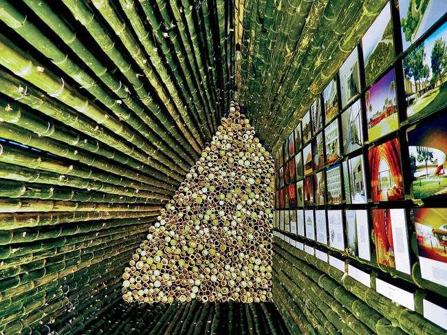 Built in just two days for the Vietnam Architecture Exhibition 2012 in Hanoi in April, this 10-by-28-foot booth gives eloquent testimony to the versatility of bamboo. Vo used 500 pieces of the materia