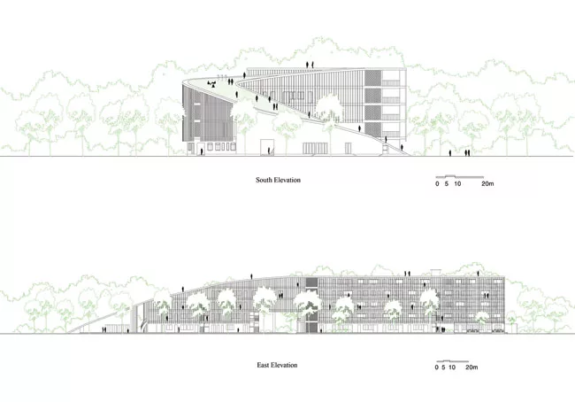 Located in the new town of Binh Duong, a 30-minute drive outside of Ho Chi Minh City, this school uses an S-shaped plan to wrap around a pair of courtyards and provide an uninterrupted circulation loo