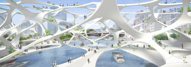 Celebrating the connection between river and ocean, Foam Form was Hirata’s 2011 competition entry for a combined marine exhibition hall and pop music center in Kaohsiung, Taiwan. Keen to span th