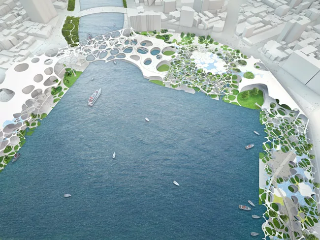 Celebrating the connection between river and ocean, Foam Form was Hirata’s 2011 competition entry for a combined marine exhibition hall and pop music center in Kaohsiung, Taiwan. Keen to span th