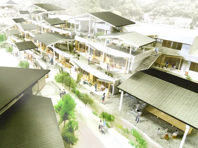 Blending permanent housing mostly for the elderly and a kindergarten under a cluster of pitched roofs, the Kamaishi project takes its cues from the local landscape hard hit by the tsunami in 2011. Bec