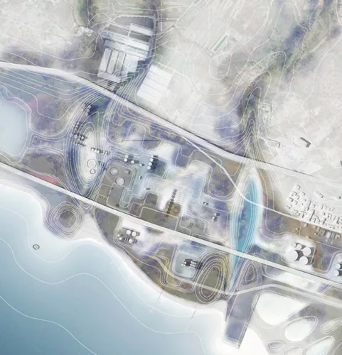 To restore a coastal area ravaged by abandoned industrial projects, the architects focus on earth-moving to restore saline ponds and the torrential rain channels that feed them. “Instead of dive