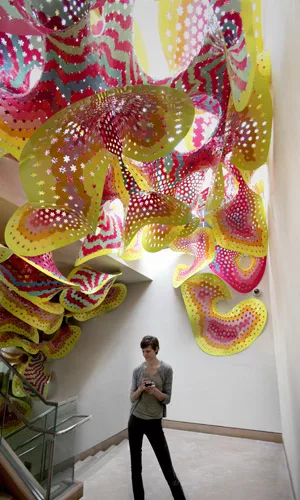 With his permanent installation at the Denver Botanic Gardens, Fornes has made a skylit stair erupt in tropical color.