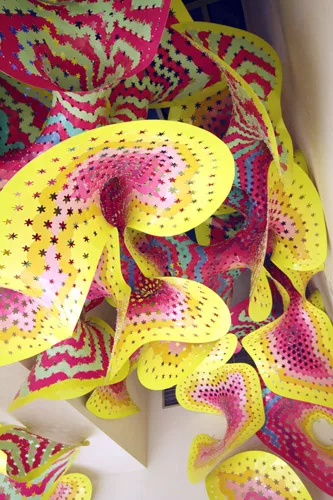 With his permanent installation at the Denver Botanic Gardens, Fornes has made a skylit stair erupt in tropical color.