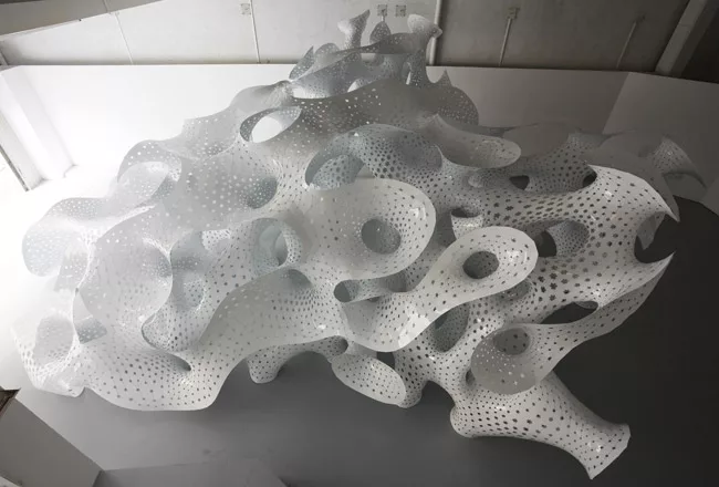 For the permanent collection of the FRAC Centre in Orl&eacute;ans, Fornes and his team have developed a pavilion made of elements that branch away from each other and connect at nodes to describe open