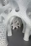 For the permanent collection of the FRAC Centre in Orl&eacute;ans, Fornes and his team have developed a pavilion made of elements that branch away from each other and connect at nodes to describe open