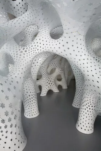 For the permanent collection of the FRAC Centre in Orl&eacute;ans, Fornes and his team have developed a pavilion made of elements that branch away from each other and connect at nodes to describe open