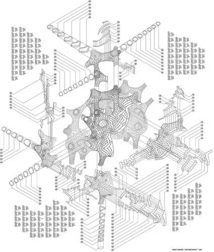 Y/Surf/Structure, part of the permanent collection of the Centre Pompidou, has more than 7,000 parts assembled with 32,000 rivets. The perforations here, and in other works by TheVeryMany, make the in