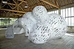 The pavilion that Fornes designed and built while an artist-in-residence at the Atelier Calder in Sach&eacute;, France, can be taken apart for storage. Although it is approximately 11 feet tall and 20