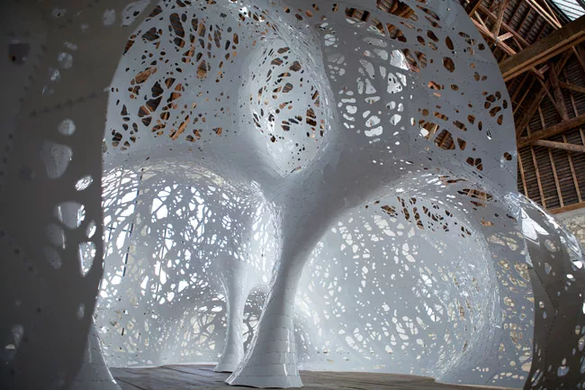 The pavilion that Fornes designed and built while an artist in residence at the Atelier Calder in Sach&eacute;, France, can be taken apart for storage and transport. Although it is approximately 11 fe