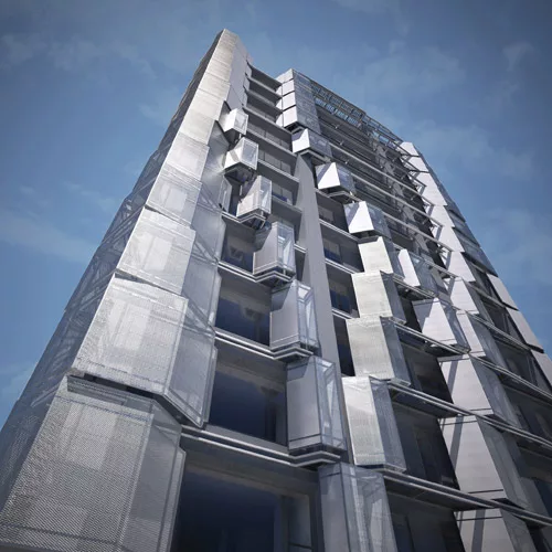 Given the opportunity to design the facade of a 30-unit, 16-story residential building, Oyler and Wu finessed four earlier versions before settling on the fifth one, which features angular offset balc