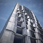 Given the opportunity to design the facade of a 30-unit, 16-story residential building, Oyler and Wu finessed four earlier versions before settling on the fifth one, which features angular offset balc