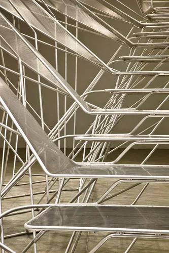 Call it the unstaircase—a not-to-code structure that lets people ascend from the ground level of SCI-Arc’s gallery in L.A. to a catwalk above. The skeletal form, designed with Buro Happold