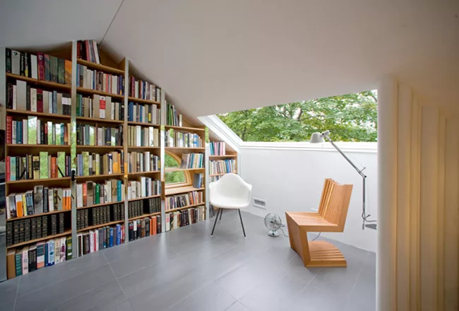 For the firm&rsquo;s first project in Syracuse, New York, Para converted a 400-square-foot residential attic into a guest bedroom and writing studio. The architects inserted a window wall opposite a b