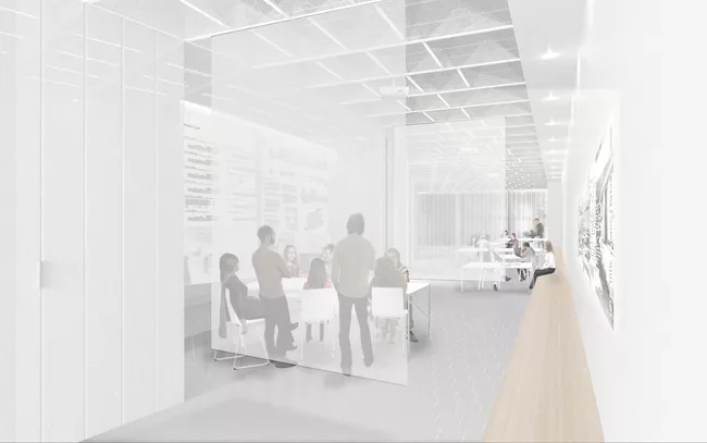 A series of transparent scrims suspended from the ceiling differentiate interior spaces.