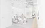 A series of transparent scrims suspended from the ceiling differentiate interior spaces.