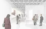 A series of transparent scrims suspended from the ceiling differentiate interior spaces.