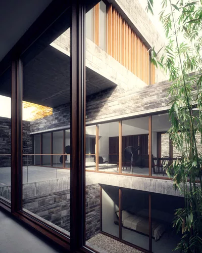 On a trip to China with his MIT studio, O&rsquo;Brien met a Chinese developer who asked him to design a set of six houses in the Qingpu district of Shanghai. So he devised two different types of court