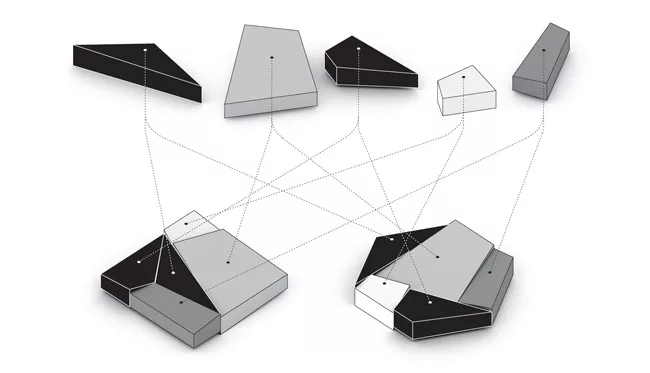 This project involved a pair of vacation houses for two brothers and their families on one plot of land. Each house is made of the same five modules, but pieced together differently.