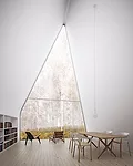 Designed for an idiosyncratic collector of such things as books, wine, and stuffed birds, this unbuilt vacation house in the mountains of Colorado unfolds as a trio of A-frames whose elongated proport