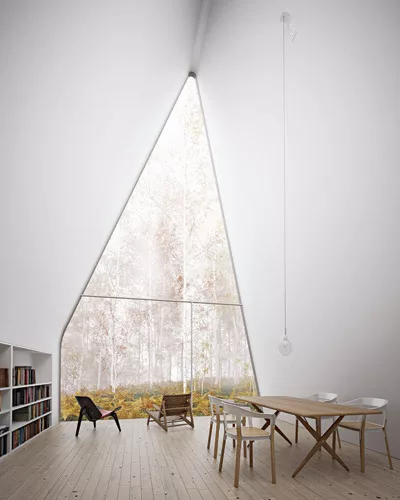 Designed for an idiosyncratic collector of such things as books, wine, and stuffed birds, this unbuilt vacation house in the mountains of Colorado unfolds as a trio of A-frames whose elongated proport