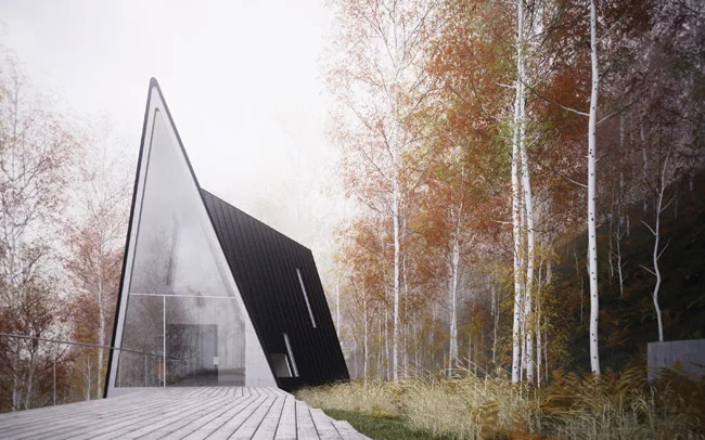 Designed for an idiosyncratic collector of such things as books, wine, and stuffed birds, this unbuilt vacation house in the mountains of Colorado unfolds as a trio of A-frames whose elongated proport