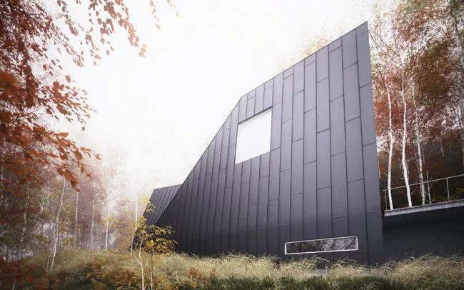 Designed for an idiosyncratic collector of such things as books, wine, and stuffed birds, this unbuilt vacation house in the mountains of Colorado unfolds as a trio of A-frames whose elongated proport