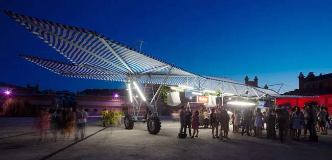 In 2012, Jaque transformed crop-irrigation equipment into public pavilions by outfitting the vehicles with sound, light, and projection systems. People could book the spaces by signing up for hour-lon