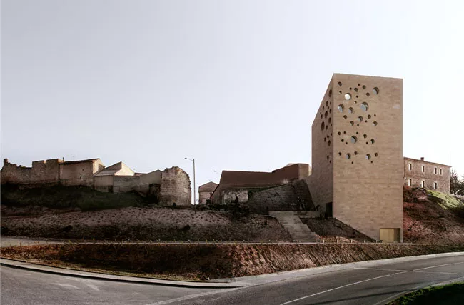 The stone tower is 'a recognizable type-form in Castille,' says Alberto Veiga. In this project, located about 111 miles north of Madrid, it houses the board overseeing the wines of the Ribera del Duer