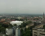 Occupying the site of a concert hall destroyed during World War II in this northwestern Polish city, the building's translucent glass form 'appears as a white mass in the daytime,' says Alberto Veiga,