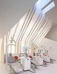 At the back of the treatment area, a translucent 20-foot-high wall draws daylight into the space and is lined with polycarbonate and plywood panels. 