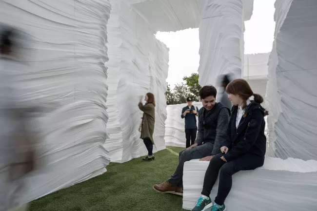 NAMELESS used blocks of EPS (expanded polystyrene) to create a grotto-like installation that plays with appearance and reality. Brought to the site in hefty-looking chunks and hand-carved by artist Kw