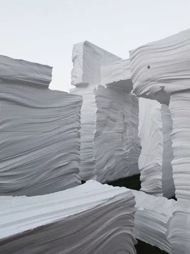 NAMELESS used blocks of EPS (expanded polystyrene) to create a grotto-like installation that plays with appearance and reality. Brought to the site in hefty-looking chunks and hand-carved by artist Kw