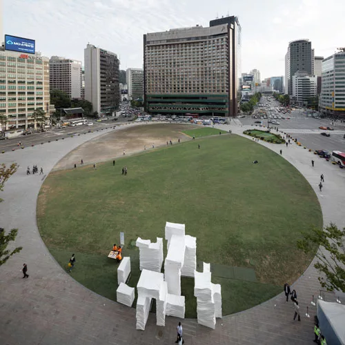 NAMELESS used blocks of EPS (expanded polystyrene) to create a grotto-like installation that plays with appearance and reality. Brought to the site in hefty-looking chunks and hand-carved by artist Kw