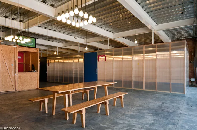 The materials used in the project are simple; plywood abounds.