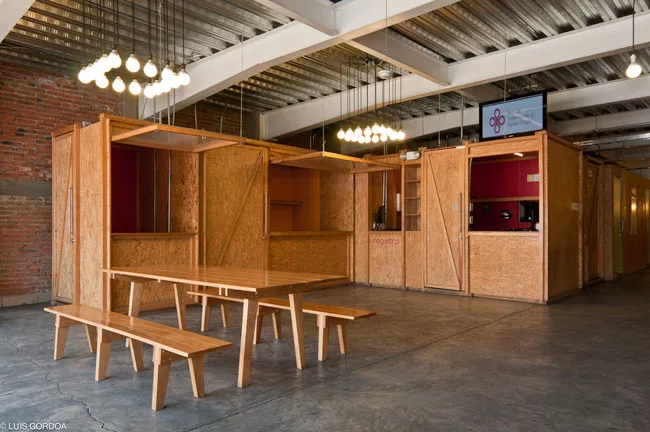 The materials used in the project are simple; plywood abounds.