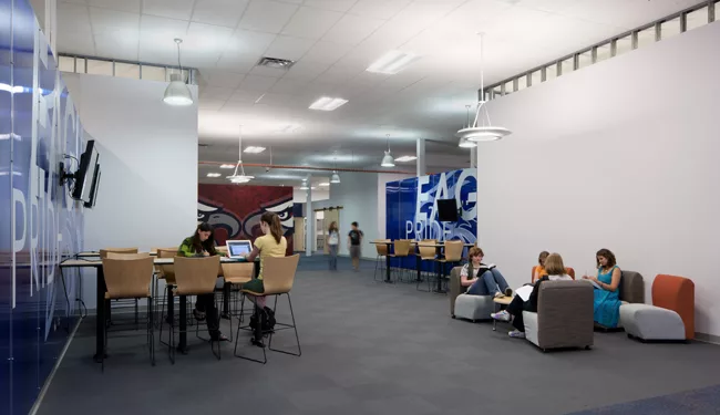 The school has plenty of spaces where students can gather to chat or study together.