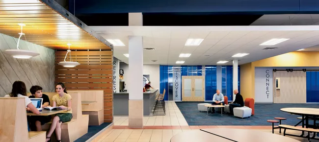 Sliding doors between classrooms are intended to facilitate collaboration among teachers.