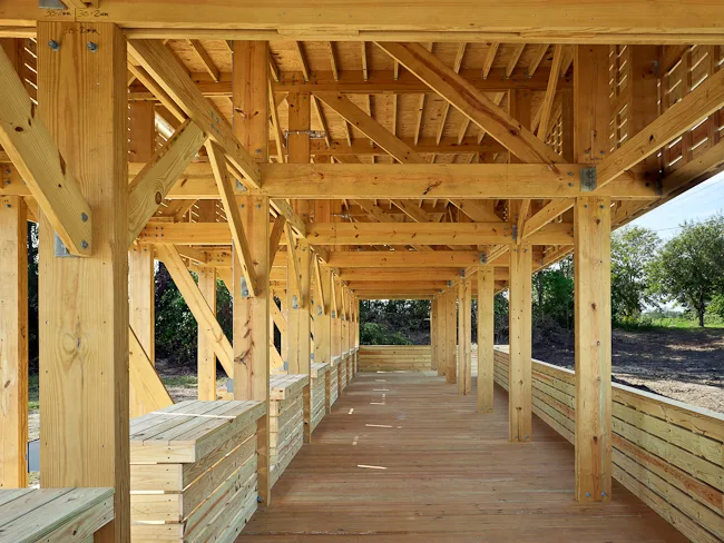 Wood detailing of the interior of the structure.