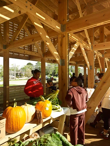 Farmers, craftsmen, and the public using the market.
