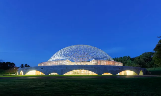 An R. Buckminster Fuller geodesic dome rises over a renovated and restored John Terence Kelly 1959 office building, home to ASM International, a member-led society for the materials science and engine